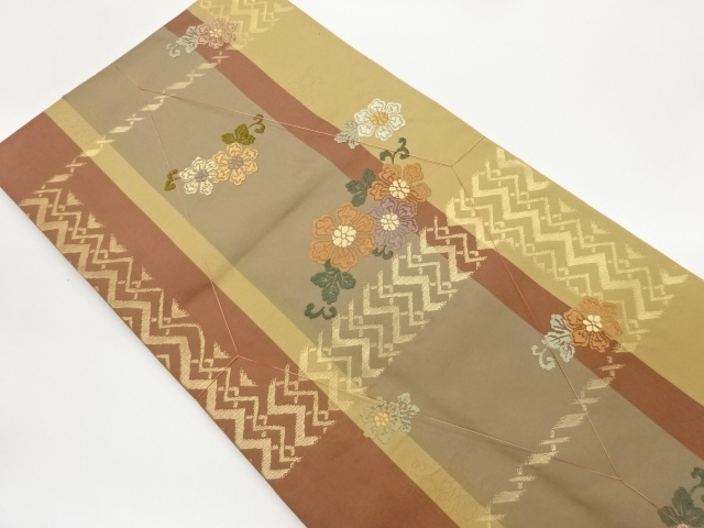 JAPANESE KIMONO / UNUSED NAGOYA OBI / SILK / KARA-ORI / WOVEN STRIPE & FLORAL ARABESQUE & GEOMETRIC PATTERN